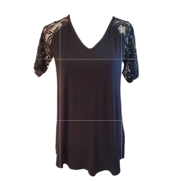 Zenana Signature Black Lace Luxe Rayon Short Sleeve Tunic Tee V-neck Size M - Picture 2 of 9
